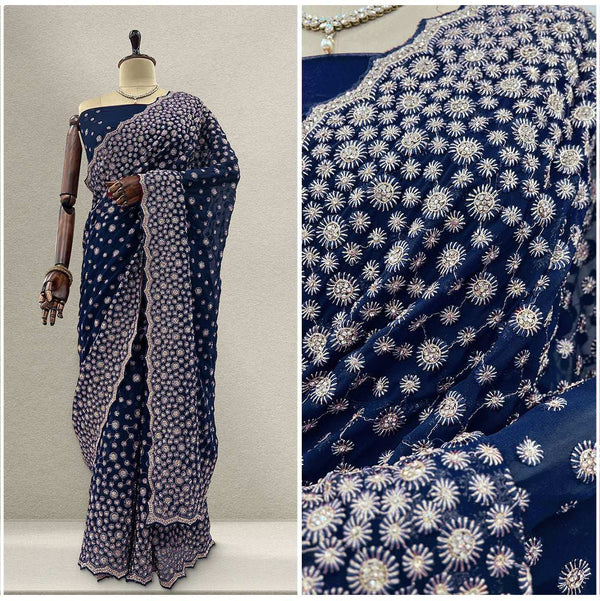 JMS_Studio Designer Heavy Work Georgette Partywear Saree Blue