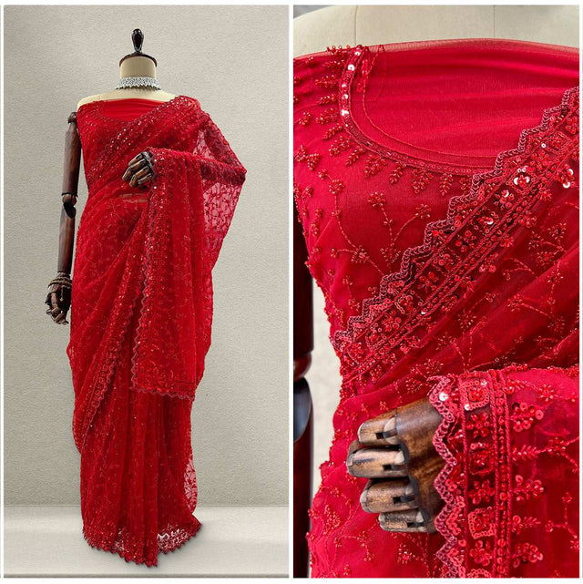 Red net saree with heavy sequin beadwork border and draped pallu detail