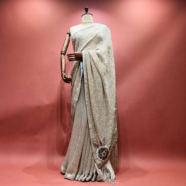 Champagne net saree with sequin and cut-dana work, embellished border and pallu drape