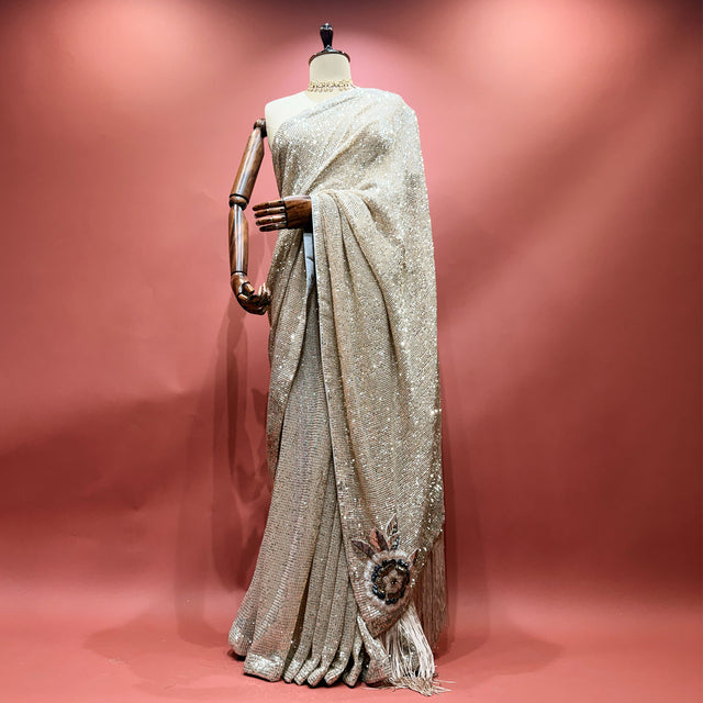 Champagne net saree with sequin and cut-dana work, embellished border and pallu drape