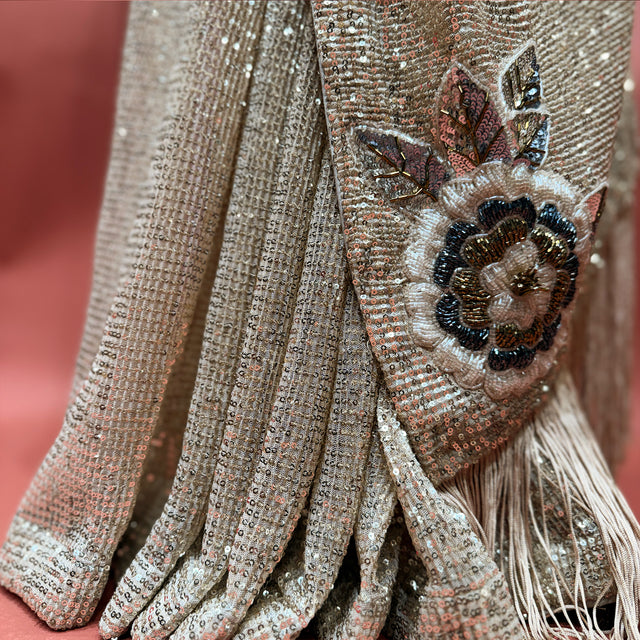 Champagne sequin fabric with cut dana, floral embroidery applique and fringe tassels