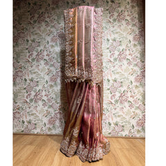 Ombre tissue silk saree in pink and rust with ornate border and cut dana work