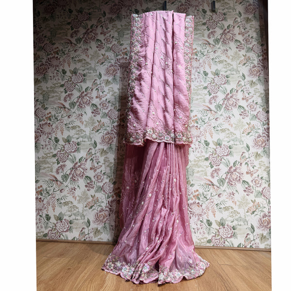 Lilac crepe silk saree with embellished border, sequin and bead work