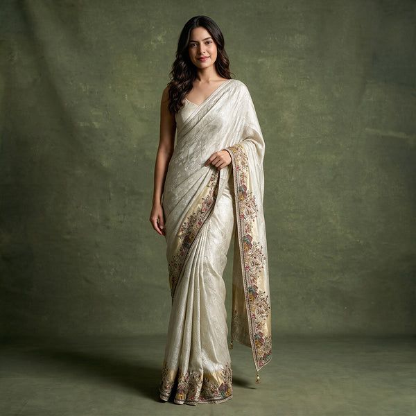 Off White Viscose Silk Saree with Embroidered House and Tree Border for Reception and Party Wear