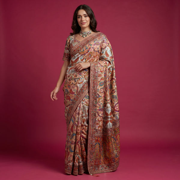 Multicolour printed crepe saree with embroidered border and pallu, full-length