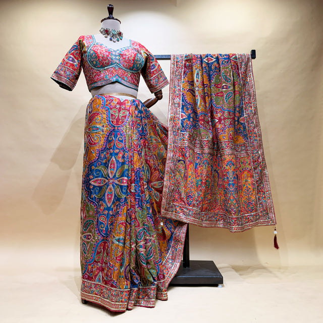 Multicolour printed saree set with matching blouse and pleated skirt drape