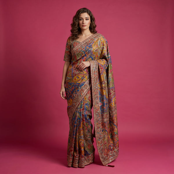 Multicolour printed viscose crepe saree with embroidered border, draped look