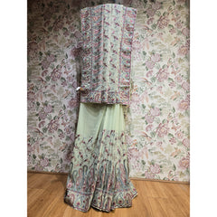 Mint green georgette saree with multicolour pashmina embroidery and ornate border