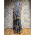 Slate blue organza saree with multicolour resham embroidery and ornate floral border