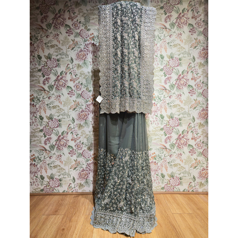 Sage Grey Georgette Saree with Silver Stone Work
