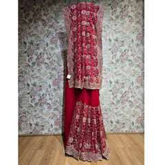 Deep red georgette saree with rose vine stone-and-sequin embroidery and border
