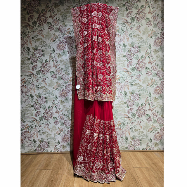 Deep red georgette saree with rose vine stone-and-sequin embroidery and border