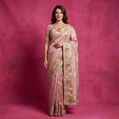 Blush pink tissue silk saree with gold bird motif threadwork border and pallu