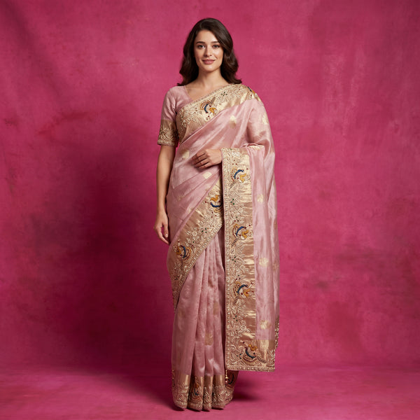Blush pink tissue silk saree with gold bird motif threadwork border and pallu