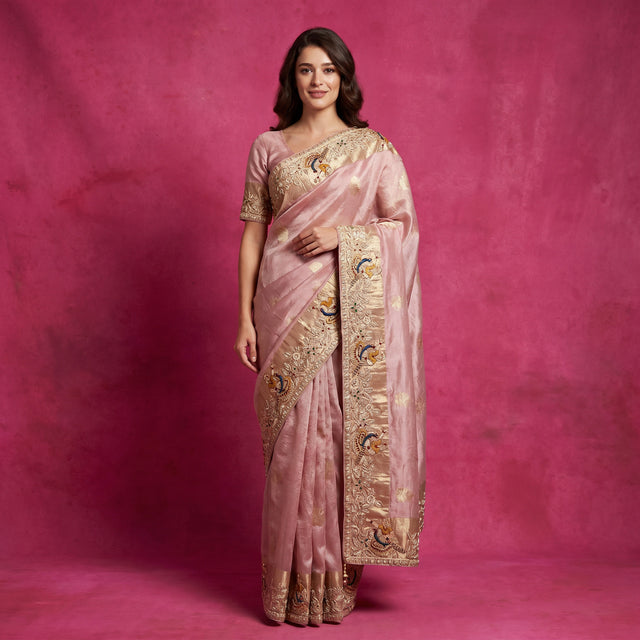 Blush pink tissue silk saree with gold bird motif threadwork border and pallu