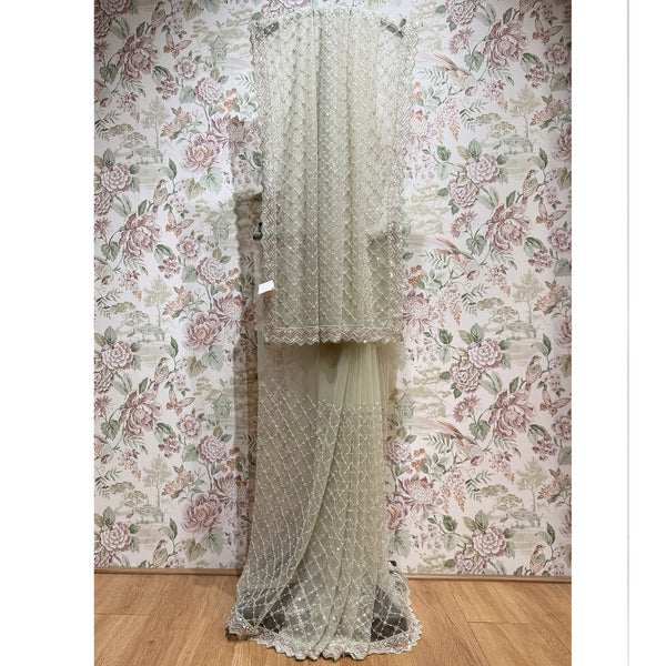 Ivory net saree with silver cut dana lattice and scalloped lace border