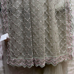 Grey saree with silver cut dana lattice and scalloped jeweled border