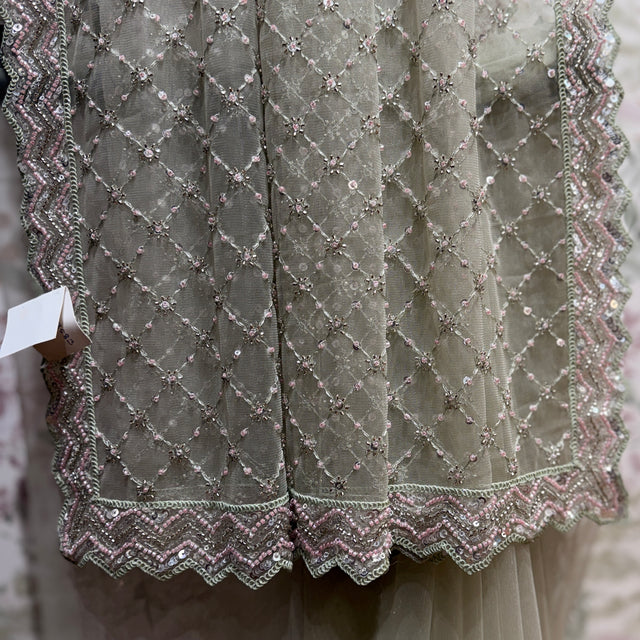Grey saree with silver cut dana lattice and scalloped jeweled border