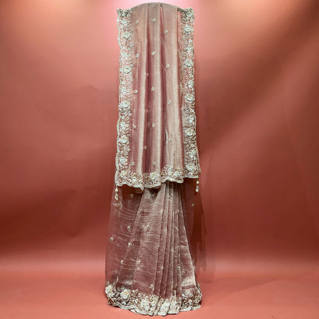 Dusty rose tissue organza saree with ornate cut dana and moti work border