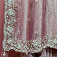 Dusty rose tissue organza saree with ornate moti and cut-dana border detail
