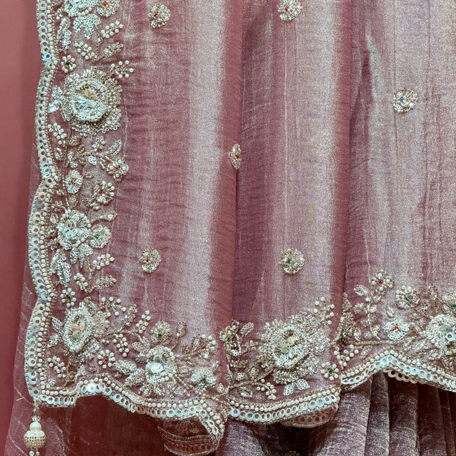 Dusty rose tissue organza saree with ornate moti and cut-dana border detail