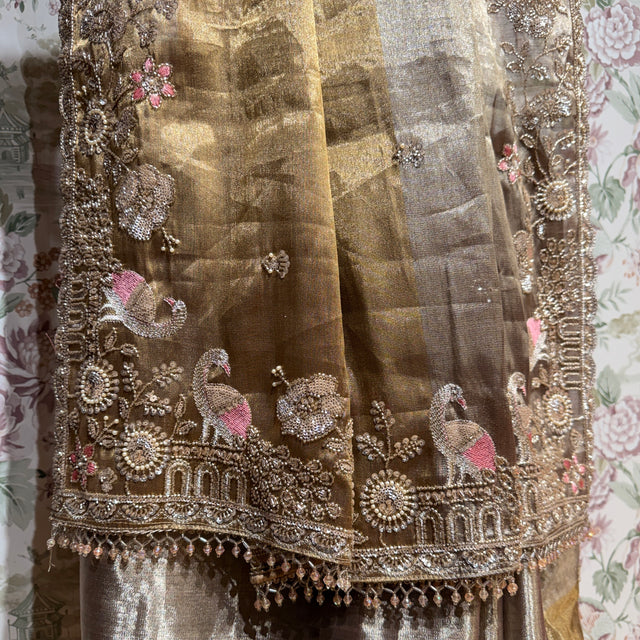 Antique gold viscose silk saree with floral cut-dana and embellished thread border
