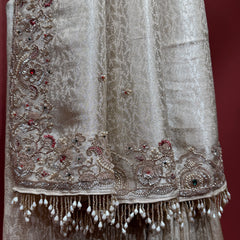 Ivory viscose-silk saree border with cut dana bead embroidery and white tassels