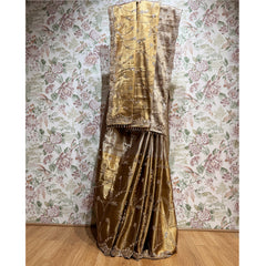 Gold and dark bronze viscose-silk saree with cut dana beadwork and lace trim