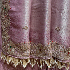 Pink-mauve ombre viscose silk saree with gold cut dana trim and white tassel fringe