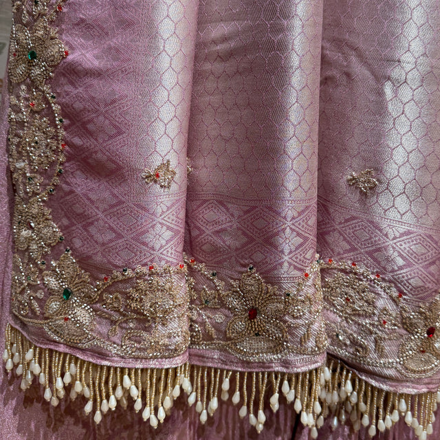 Pink-mauve ombre viscose silk saree with gold cut dana trim and white tassel fringe