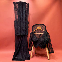 Navy net saree with dhaga and stonework; matching stitched blouse set