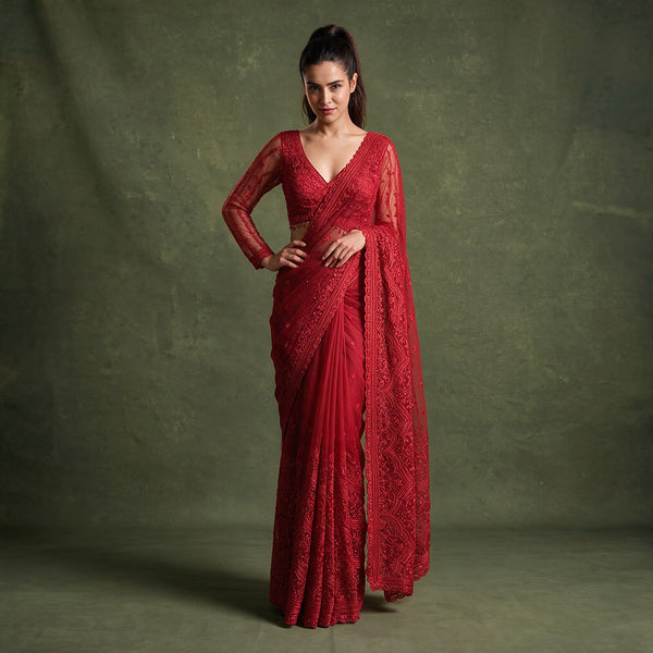 Red net cocktail saree with full-sleeve stitched blouse, V-neck, intricate border work