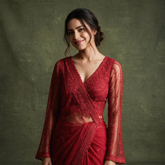 Red saree and full-sleeve blouse set, V-neck blouse with sheer net sleeves and patterned drape
