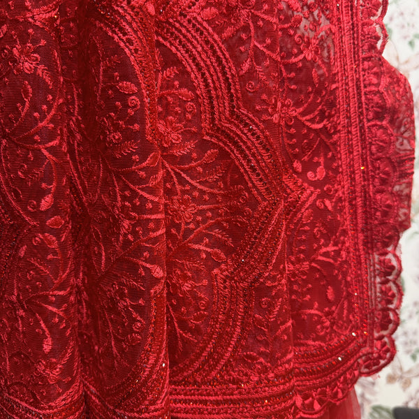 Red net saree with dhaga and stone work, ornate embroidered motifs and scalloped edge