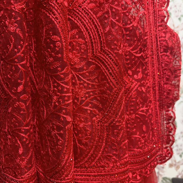 Red net saree with dhaga and stone work, ornate embroidered motifs and scalloped edge
