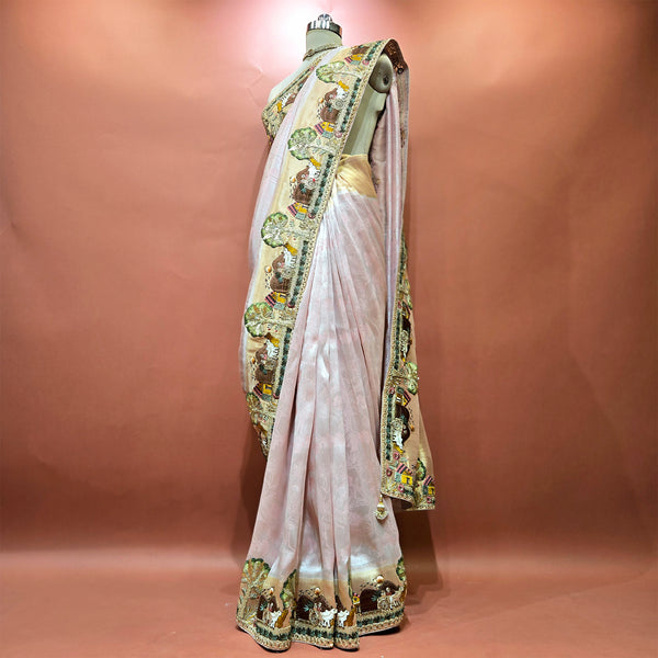 Blush Pink Viscose Silk Saree with Figurative Thread Work Border