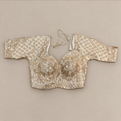 Heavy gold handwork blouse with flower lattice and embroidered neckline