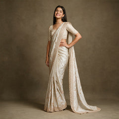 Ivory honeycomb crepe silk saree with gold handwork border and heavy handwork blouse, worn