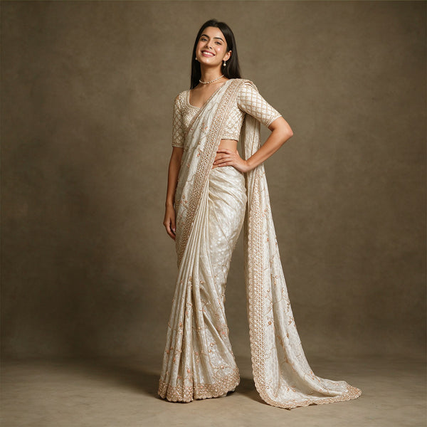 Ivory honeycomb crepe silk saree with gold handwork border and heavy handwork blouse, worn