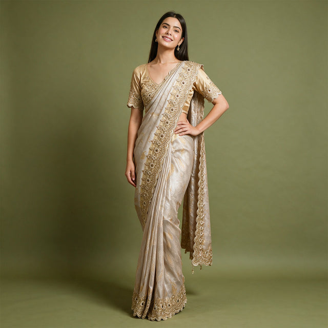 Pearl white viscose silk Kanjivaram saree with beaded and handwork scalloped border and gold blouse, worn