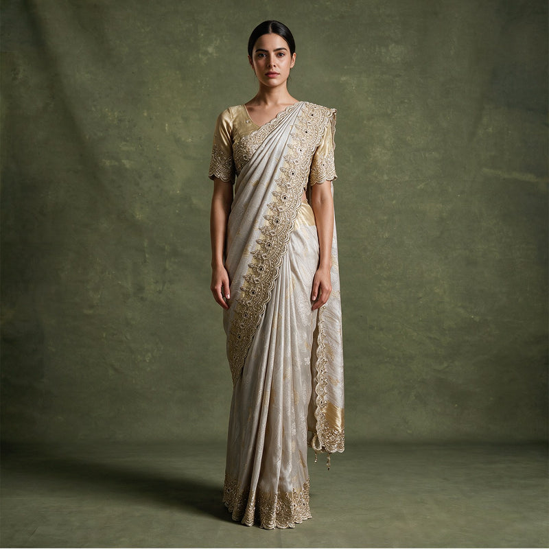 Pearl White Party Wear Viscose Silk Saree with Cutdana, Bead and Zari Work Border