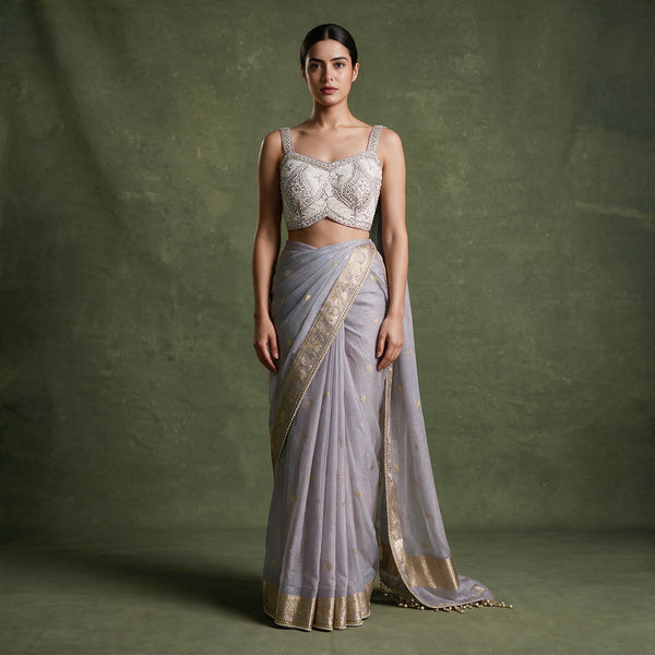 Lilac Party Wear Viscose Linen Saree with Zari Border and Stitched Sleeveless Handwork Blouse