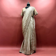 Champagne viscose tissue saree with handwork border and stitched blouse on mannequin