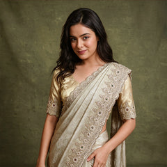 Champagne tissue saree with scalloped leaf and flower handwork border draped over the shoulder, worn