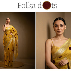Mustard yellow viscose silk saree with velvet polka dots, draped pallu and border