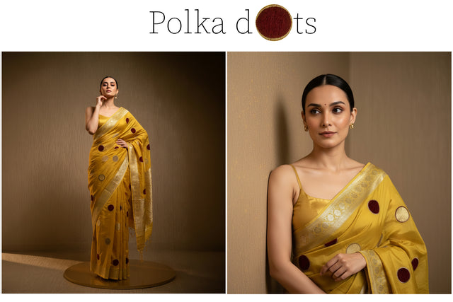Mustard yellow viscose silk saree with velvet polka dots, draped pallu and border