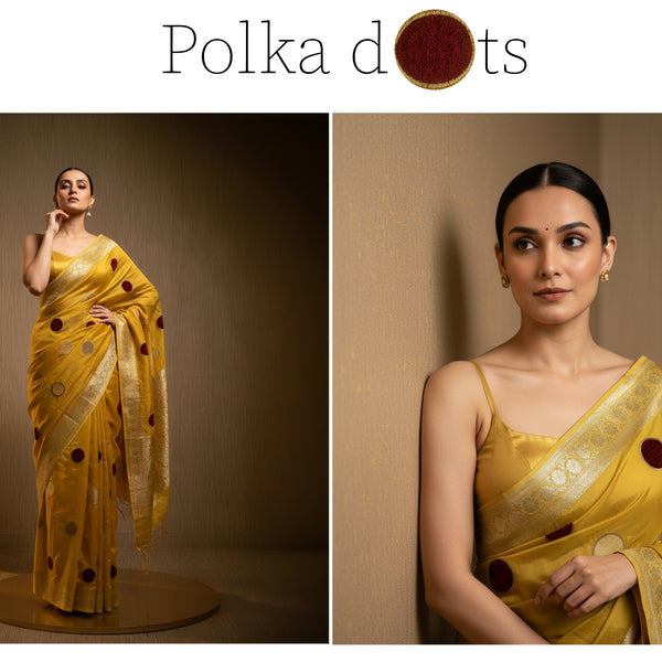 Mustard yellow viscose silk saree with velvet polka dots, draped pallu and border