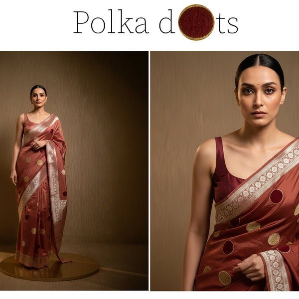 Rust-red viscose silk saree with velvet polka dots and light border, worn with blouse