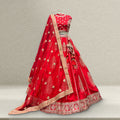 Red bridal lehenga with gold border, flared skirt and matching embellished blouse