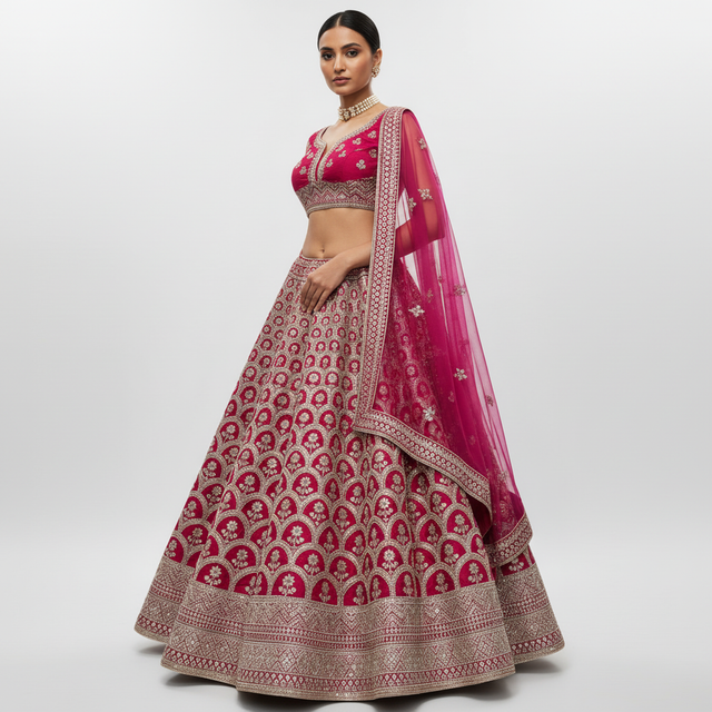 Women's magenta raw silk lehenga with ornate silver-gold embroidery and matching dupatta